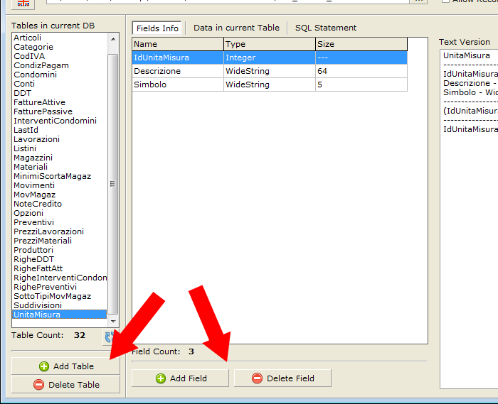 Changes to the database are possible using related buttons below Tables list and Fields list.