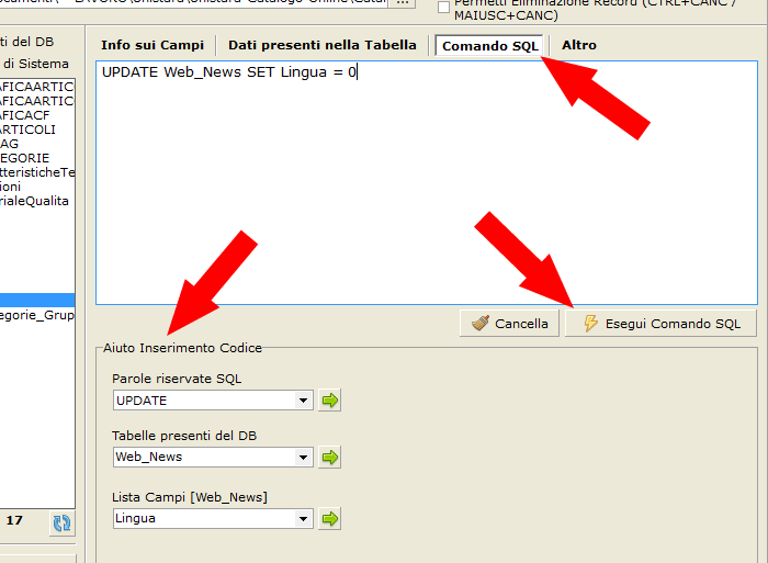 Modifiche al database sono possibili tramite l'esecuzione di comandi SQL (compatibili ADO): UPDATE, DELETE, CREATE, ALTER, etc.