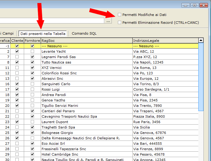I dati nella tabella possono essere modificati/eliminati visualmente attivando le apposite opzioni.