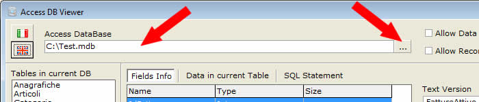 Select an Access database (*.mdb) by using the '…' button (or by clicking onto the path text-edit)
