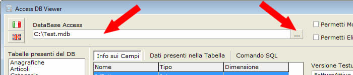 Selezionare un database Access (*.mdb) tramite il pulsante '…' (o cliccando sul text-edit per il percorso)